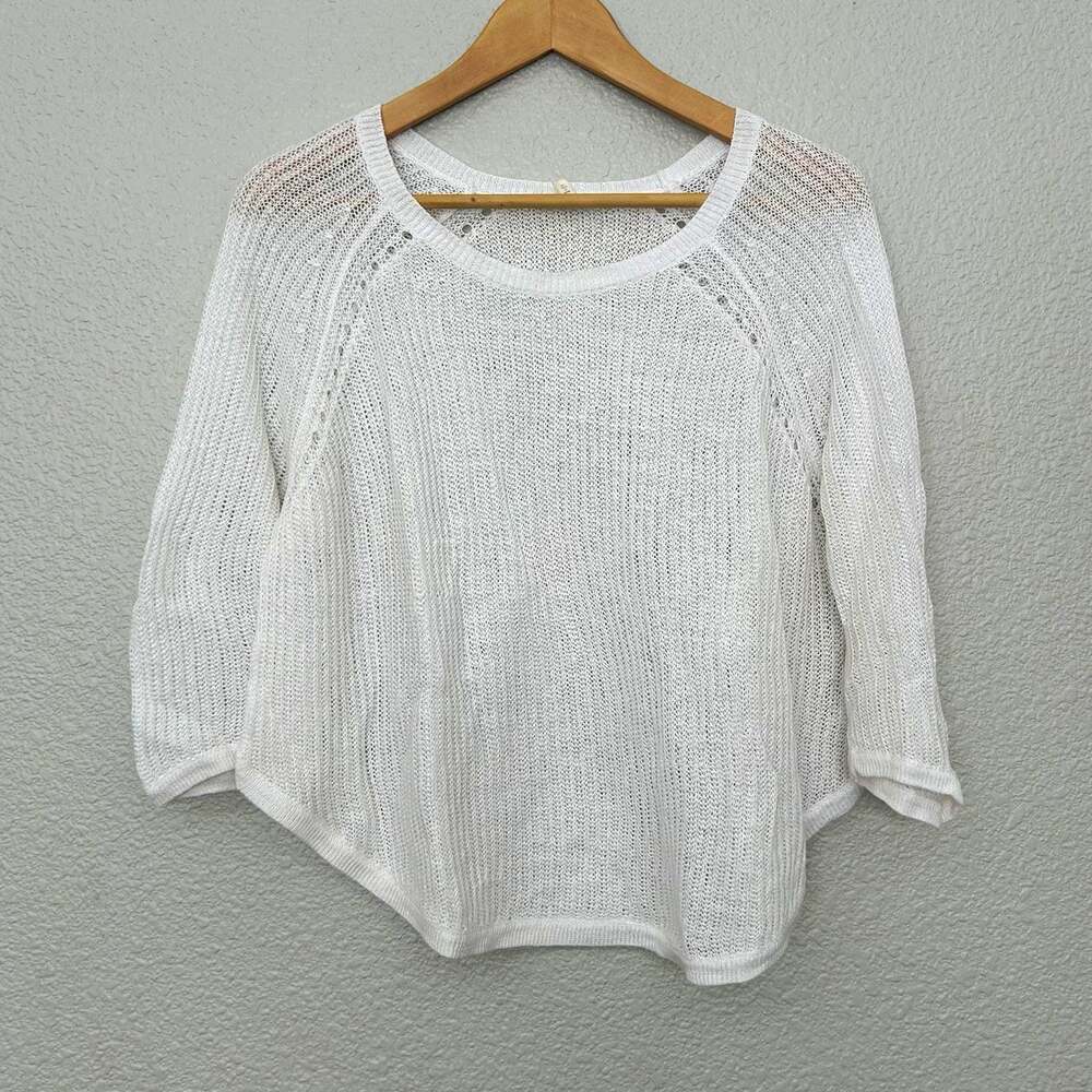 Eileen Fisher White Open-Knit Lightweight Pullover Sweater Round Neck PL